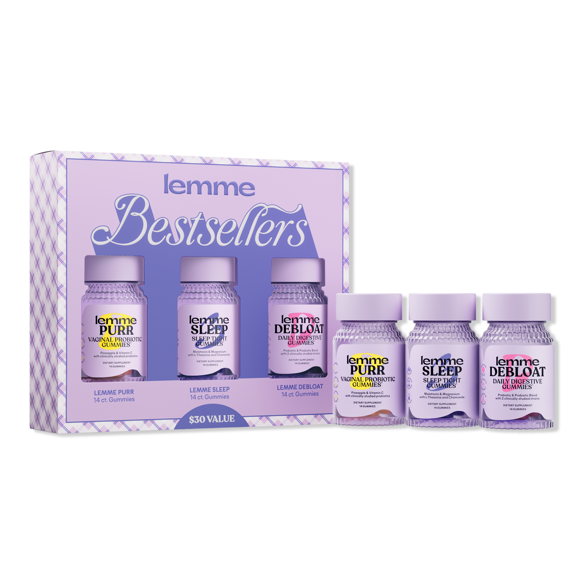 Lemme Holiday Bestsellers Kit: Purr, Sleep, and Debloat Gummies