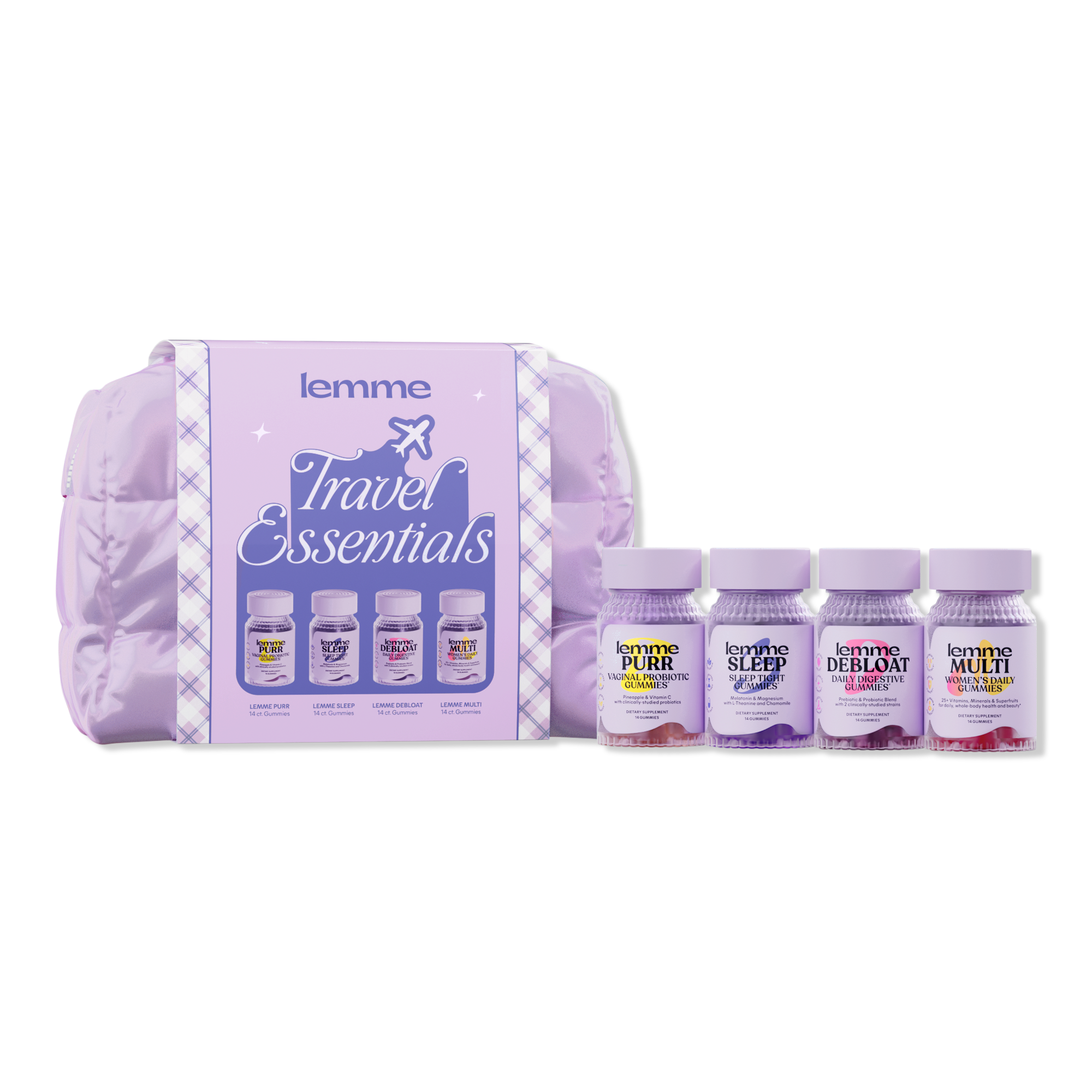Lemme Travel Essentials Kit: Purr, Sleep, Debloat, and Multi Gummies