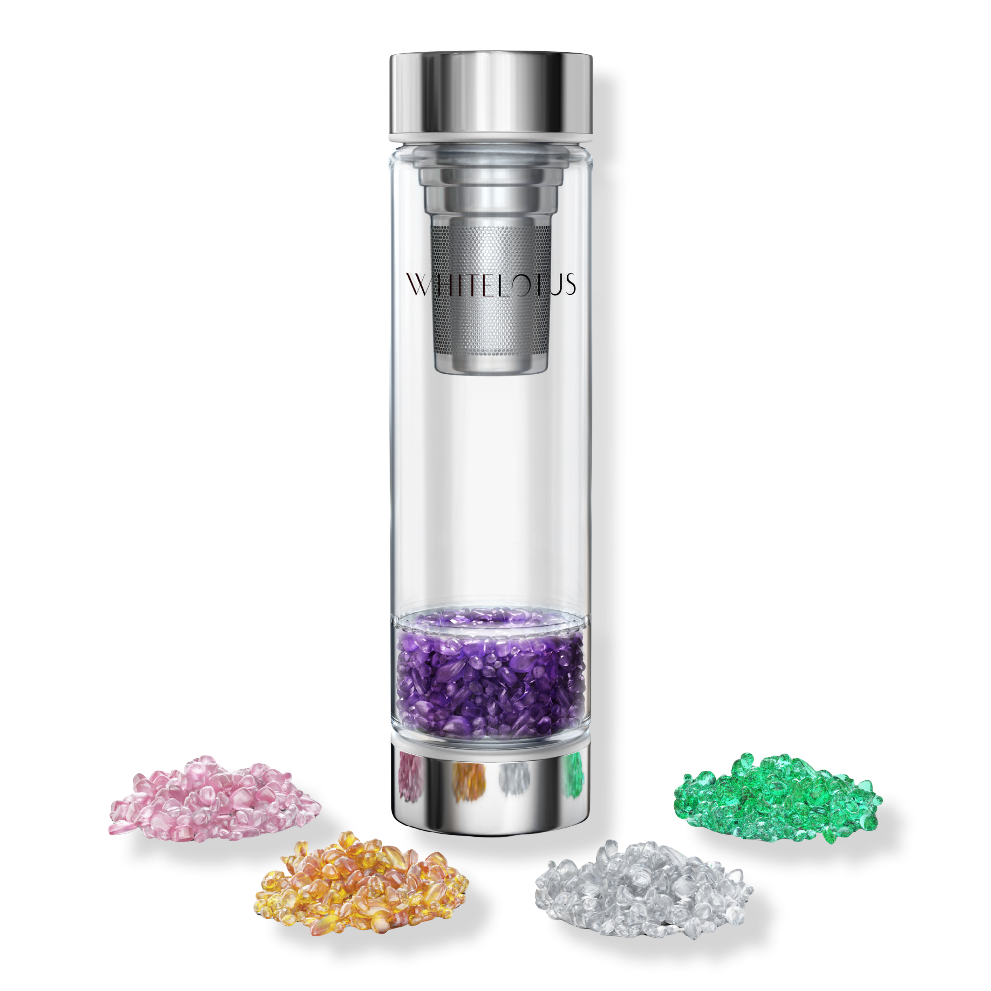 White Lotus Beauty Crystal Healing Water Bottle 5 Sacred Stones Luxury Glass Tea Infuser