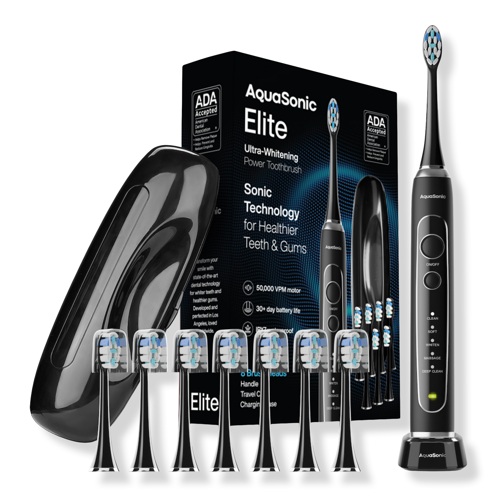 AquaSonic Elite Rechargeable Electric Toothbrush with 8 Brush Heads & Travel Case