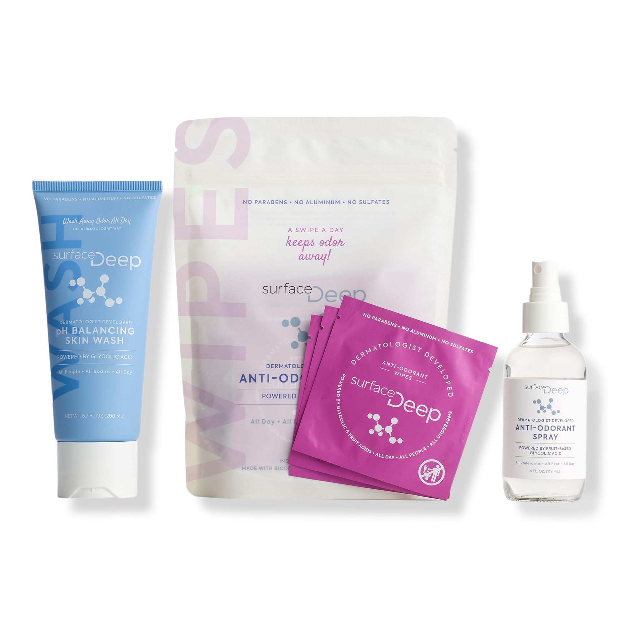 Surface Deep Deodorant Wipes, Spray and pH Balancing Skin Wash Kit