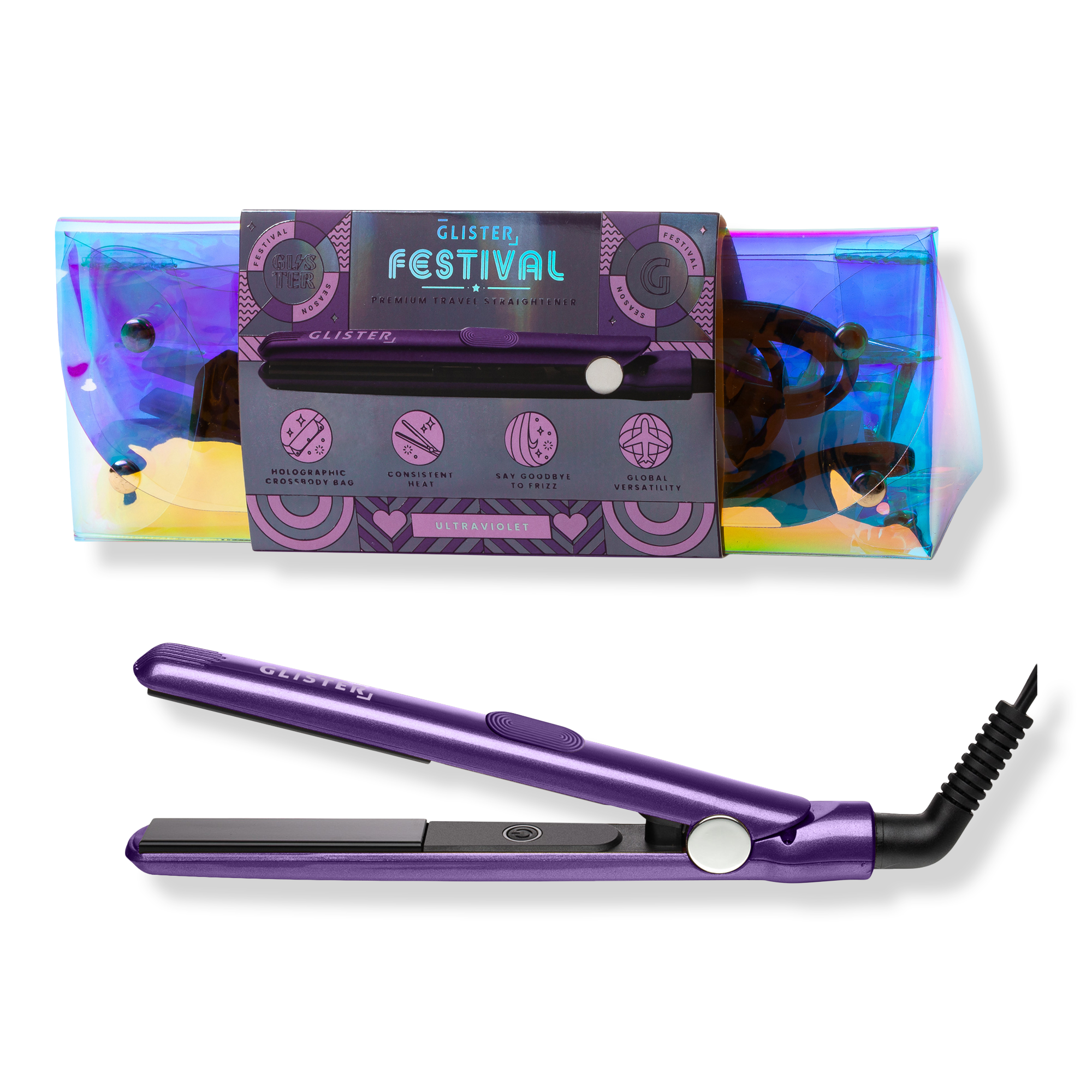 GLISTER Festival Mini Tourmaline Flat Iron with Holographic Bandolier Bag
