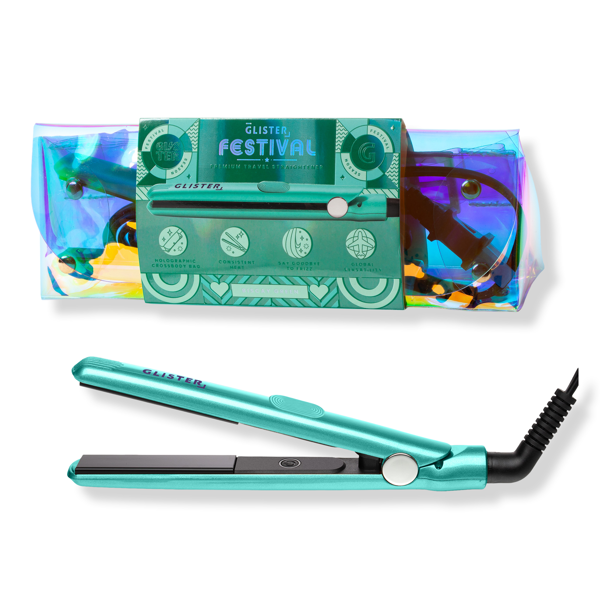 GLISTER Tourmaline Gem Mini Flat Iron with Holographic Bandolier Bag