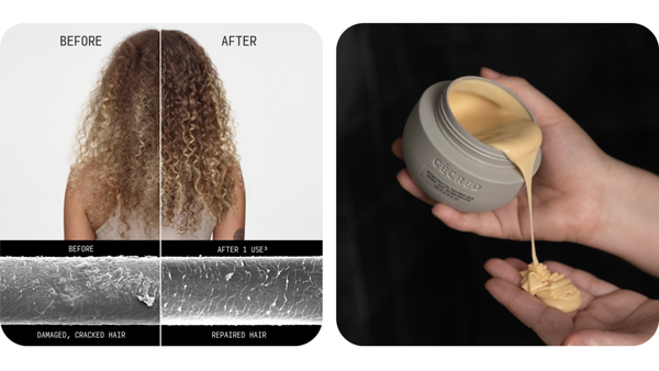 Photograph of model Before & After shows repaired hair after treatment.